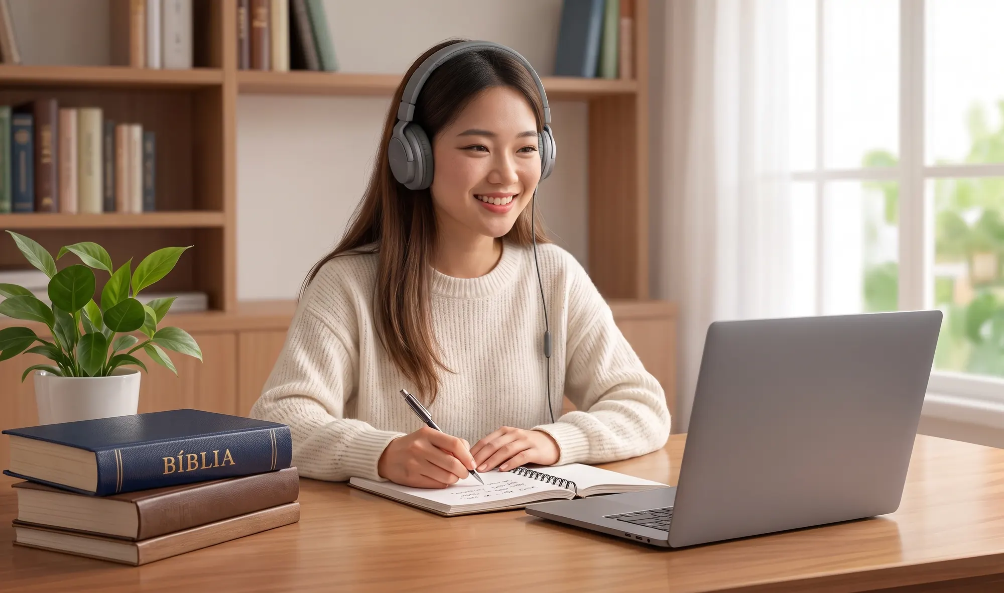 Aluna de fones de ouvido assistindo a uma aula no notebook e anotando no caderno, com a Bíblia ao lado