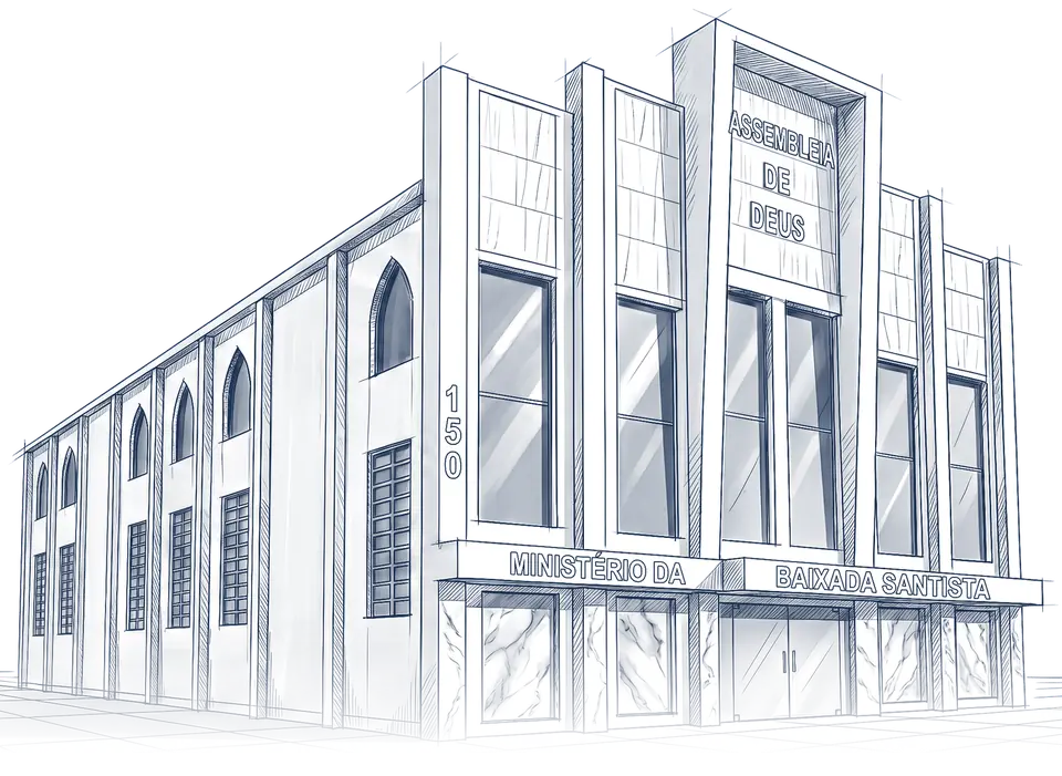 Desenho da fachada da Sede da Assembleia de Deus Ministério da Baixada Santista, na Rua Mato Grosso, 150